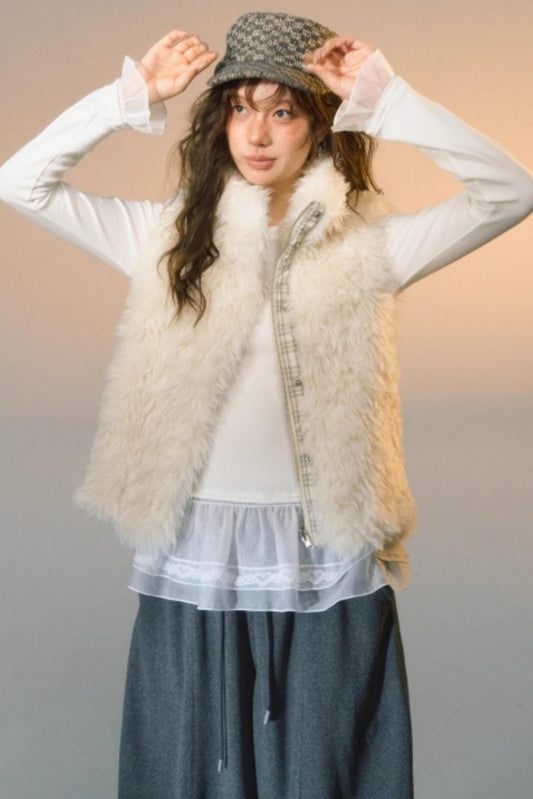 Plaid Patchwork Lamb Wool Reversible Vest