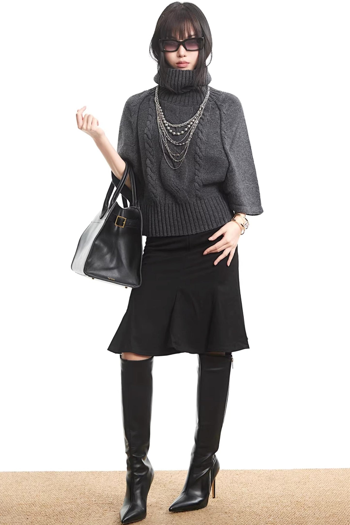 Black Pleated Fishtail Skirt