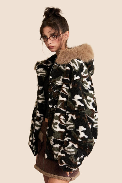 EZEK AMERICAN RETRO FUR COLLAR HOODED CAMOUFLAGE LAMB WOOL COAT WOMEN'S FLEECE THICKENED AUTUMN AND WINTER NEW COTTON CLOTHING TIDE