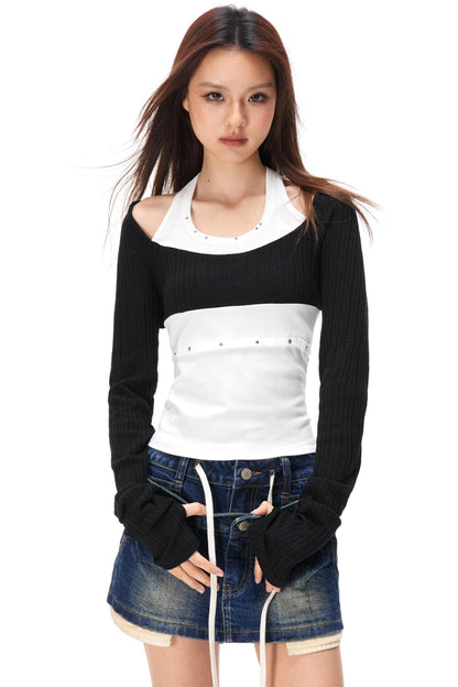 Rhinestone Patchwork Knit Top