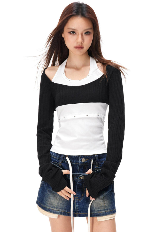 Rhinestone Patchwork Knit Top