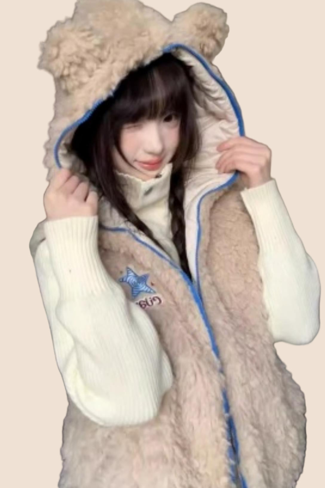 Bear Ears Faux Wool Hooded Jacket