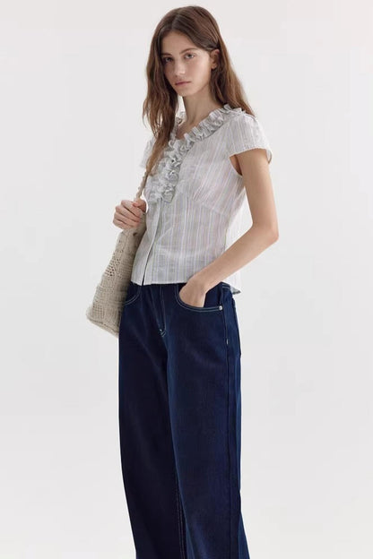 Color-Block Striped Ruffled Blouse