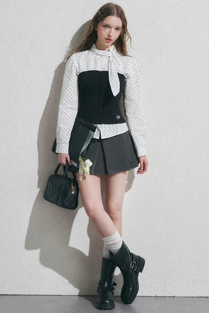 Bow Tie Spliced Shirt and Pleated Mini Skirt Set-Up