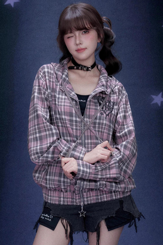 Pink Plaid Hooded Jacket