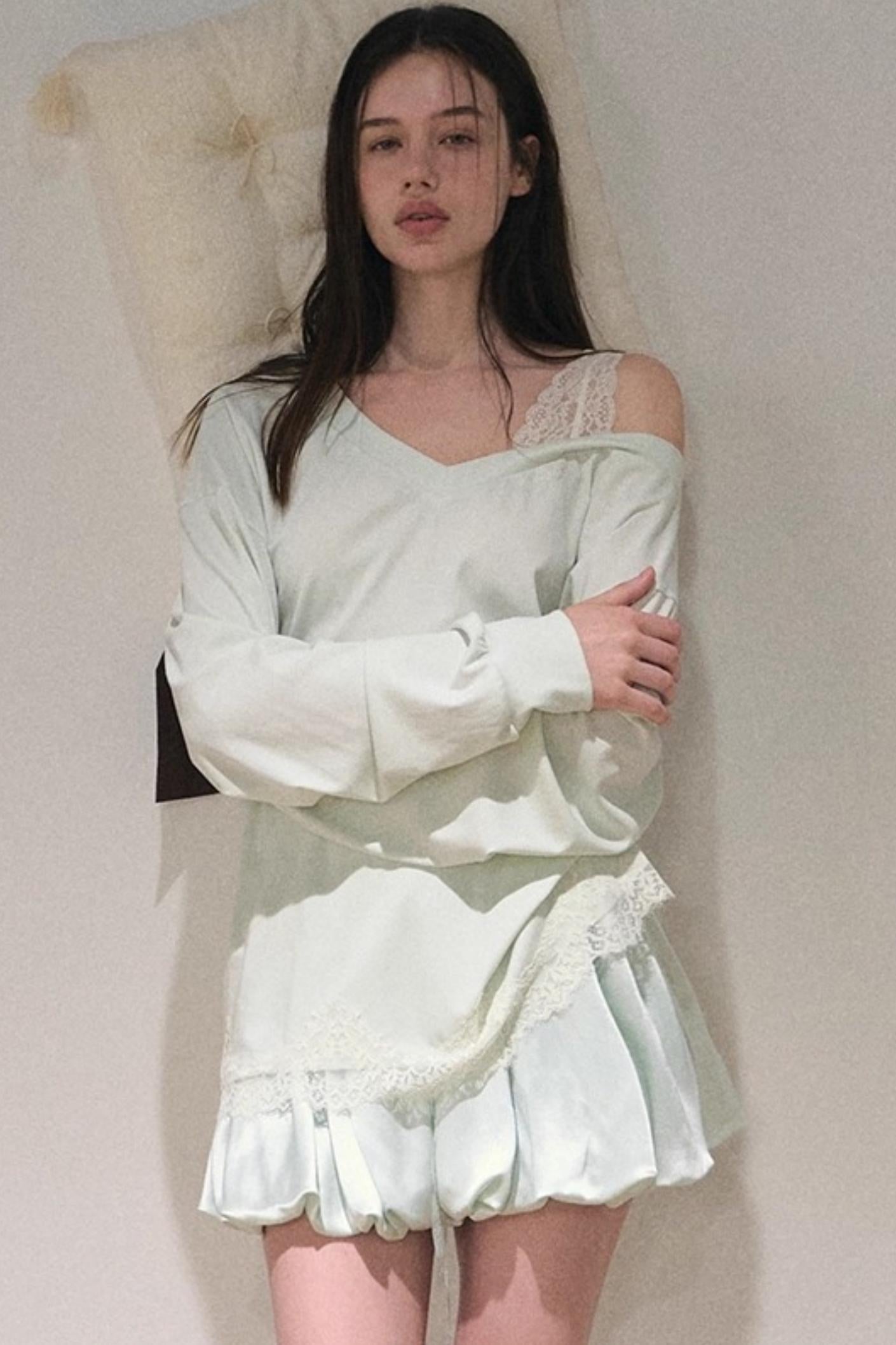 Greenery Lace Slanted Pullover Sweatshirt