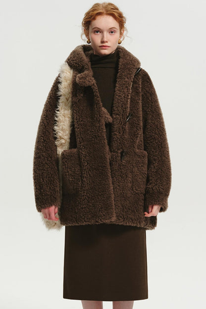 Hooded Horn-Button Full Wool Fur Jacket