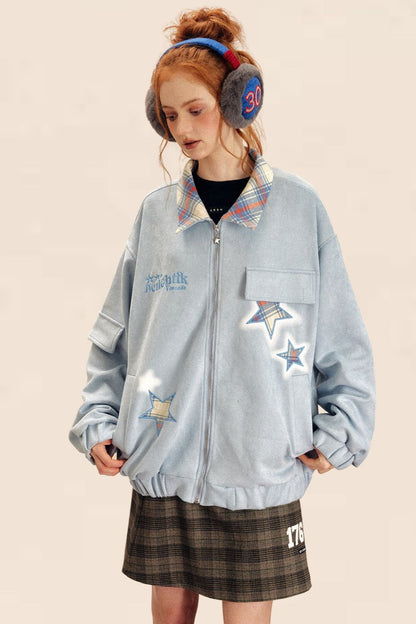 Retro Star Embroidery Suede Cardigan