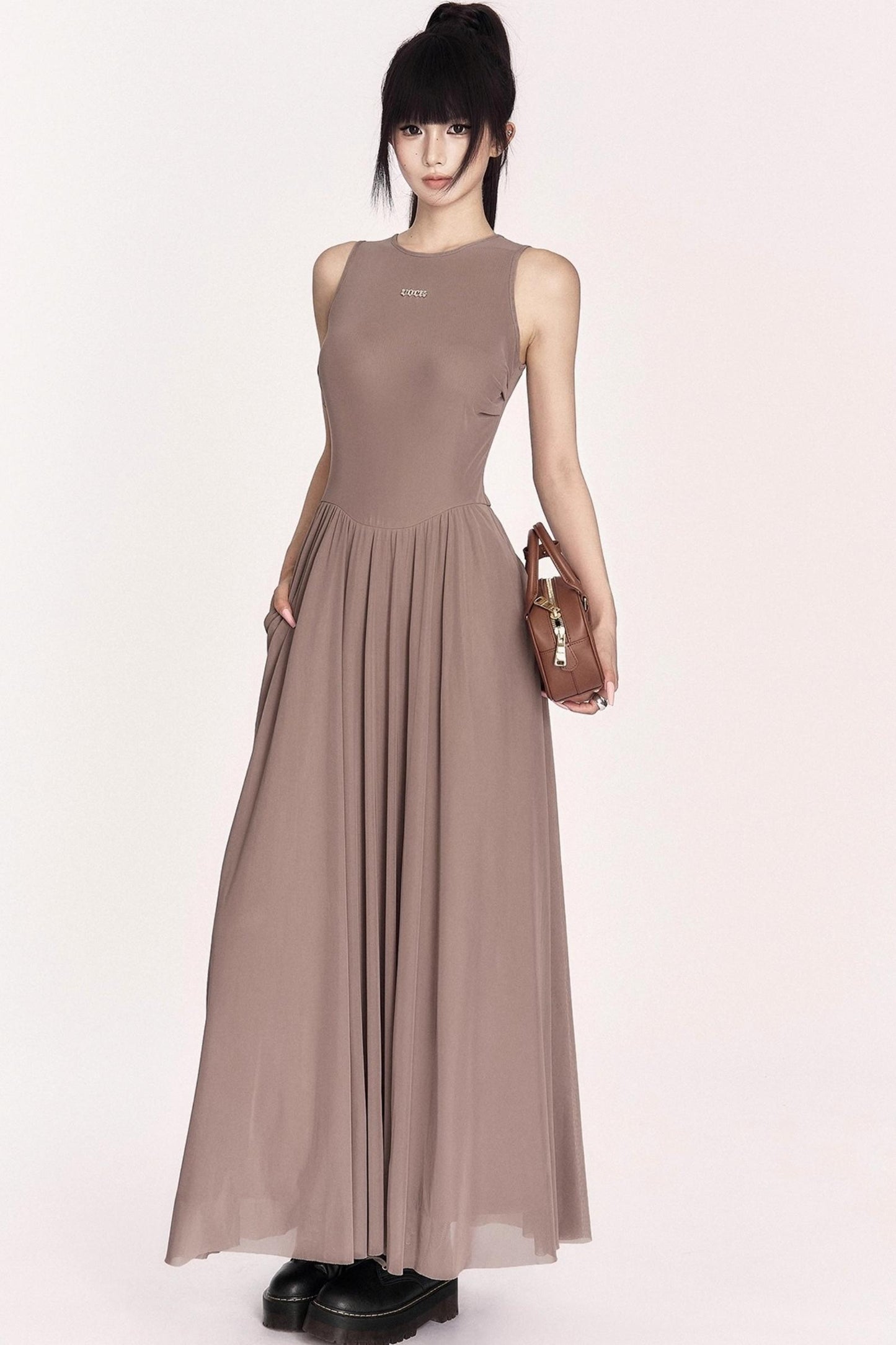 Relaxed French Mesh A-Line Long Dress
