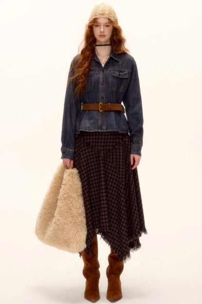 Frayed Hem Plaid Midi Skirt Belt Set