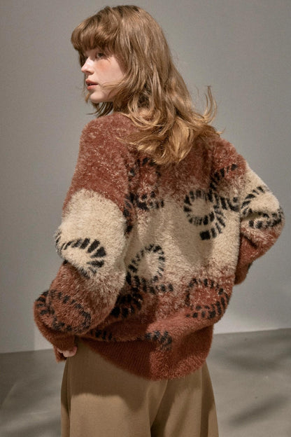 Bow Gradient V-Neck Knitted Cardigan