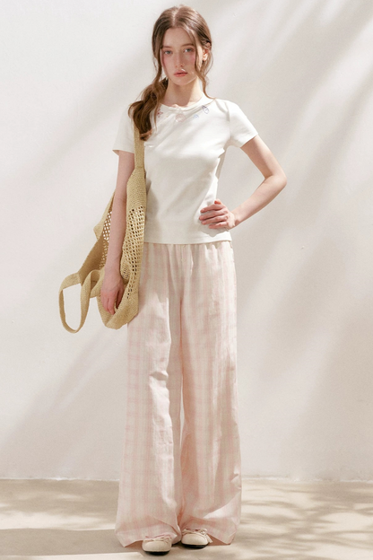 Linen Plaid Wide-Leg Pants