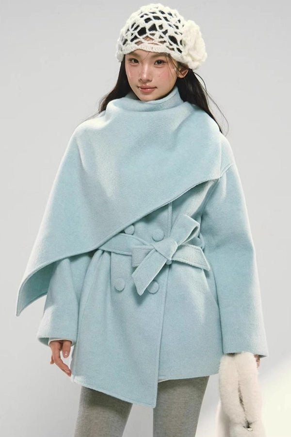 Mint Blue Tie-Up Wool Coat