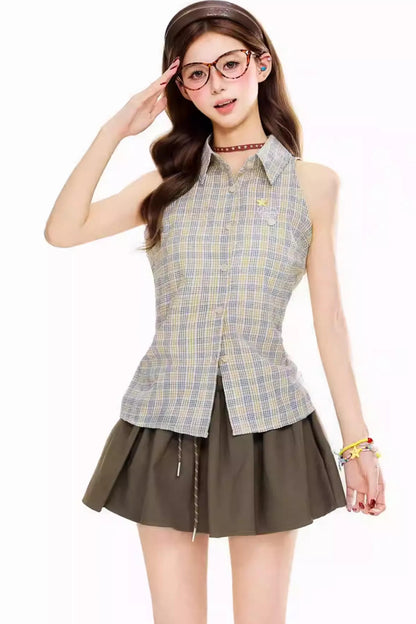 Retro Plaid Sleeveless Blouse
