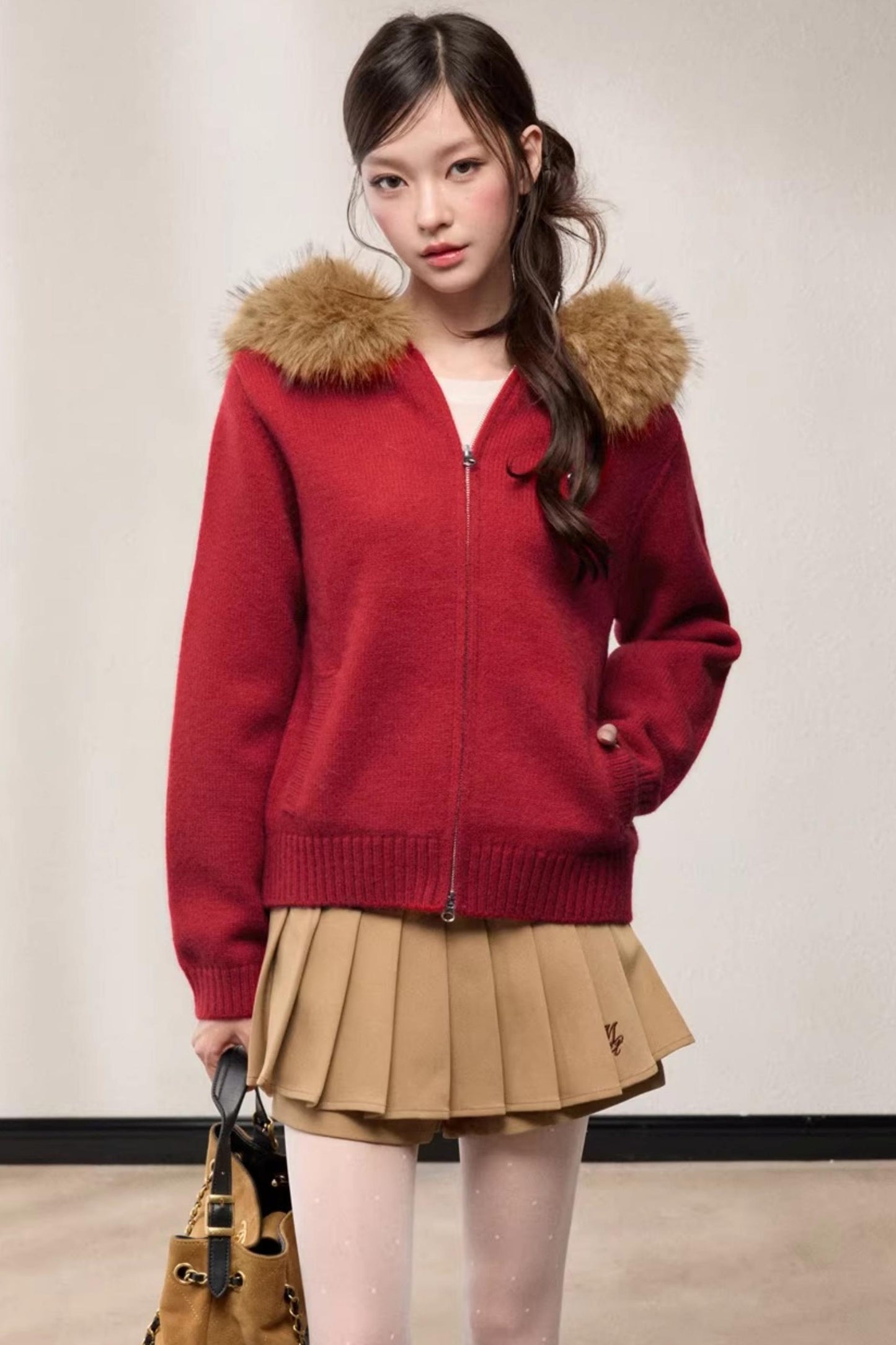 Fur Collar Hooded Knit Cardigan
