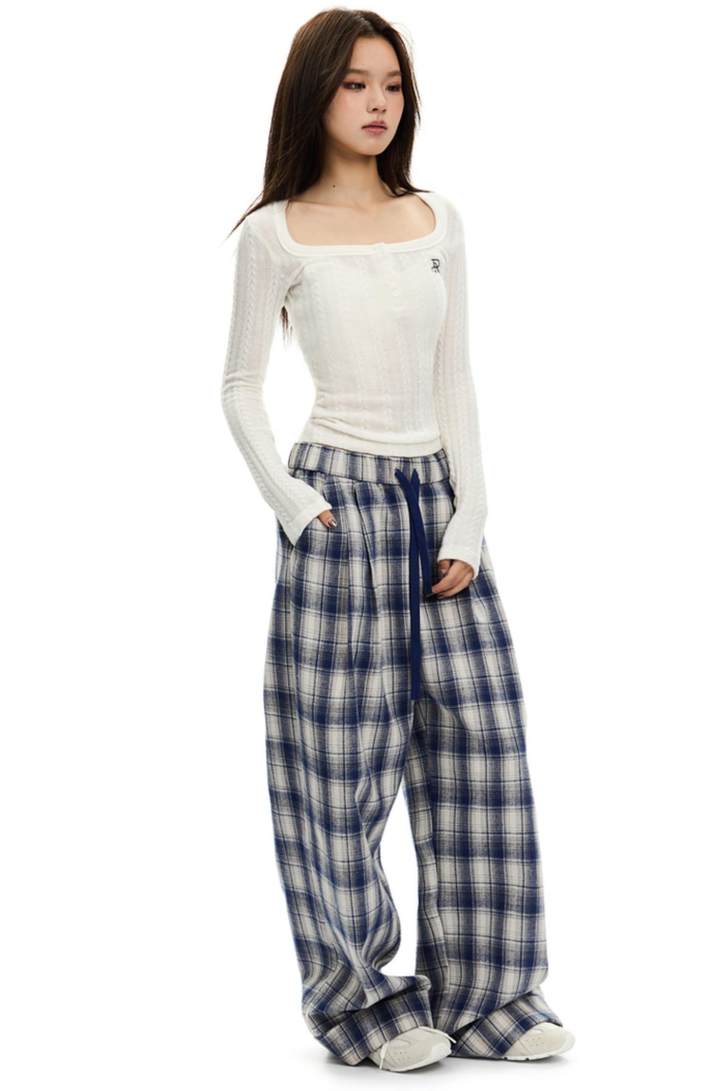 Brushed Plaid Elasticated Waist Pants