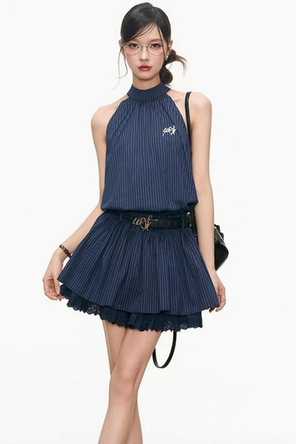 Blue Plaid Halter Dress