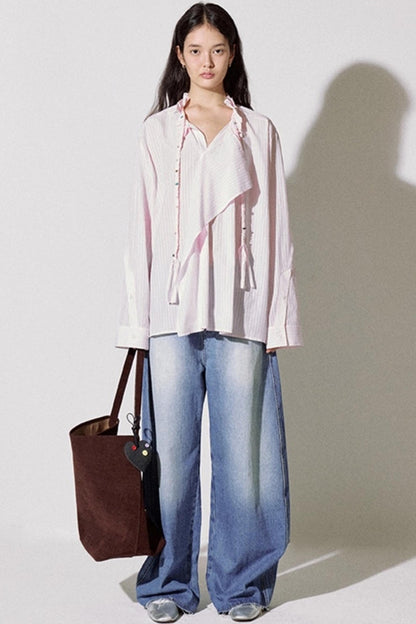 Asymmetrical Ruffle Striped Shirt