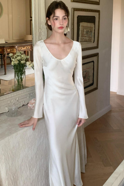 French Waist-Defined Long-Sleeve Dress