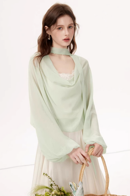 Lantern Sleeve Ribbon Blouse