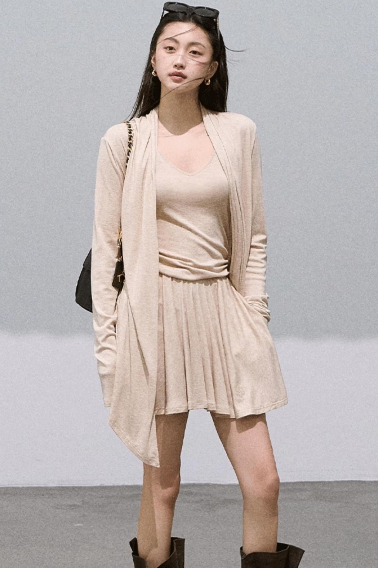 Tencel Knit Cardigan V-Neck Dress Set-Up