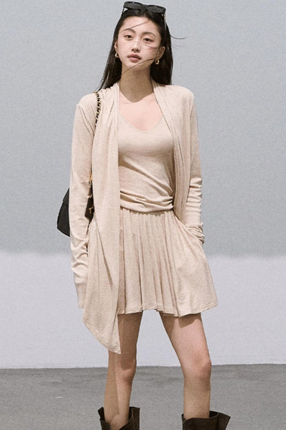 Tencel Knit Cardigan V-Neck Dress Set-Up