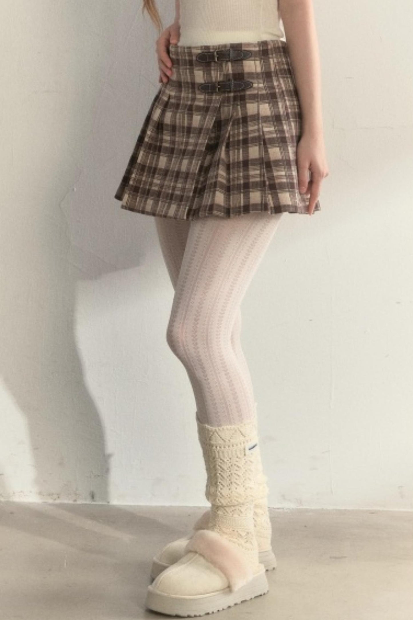 Plaid Leather Buckle Skirt