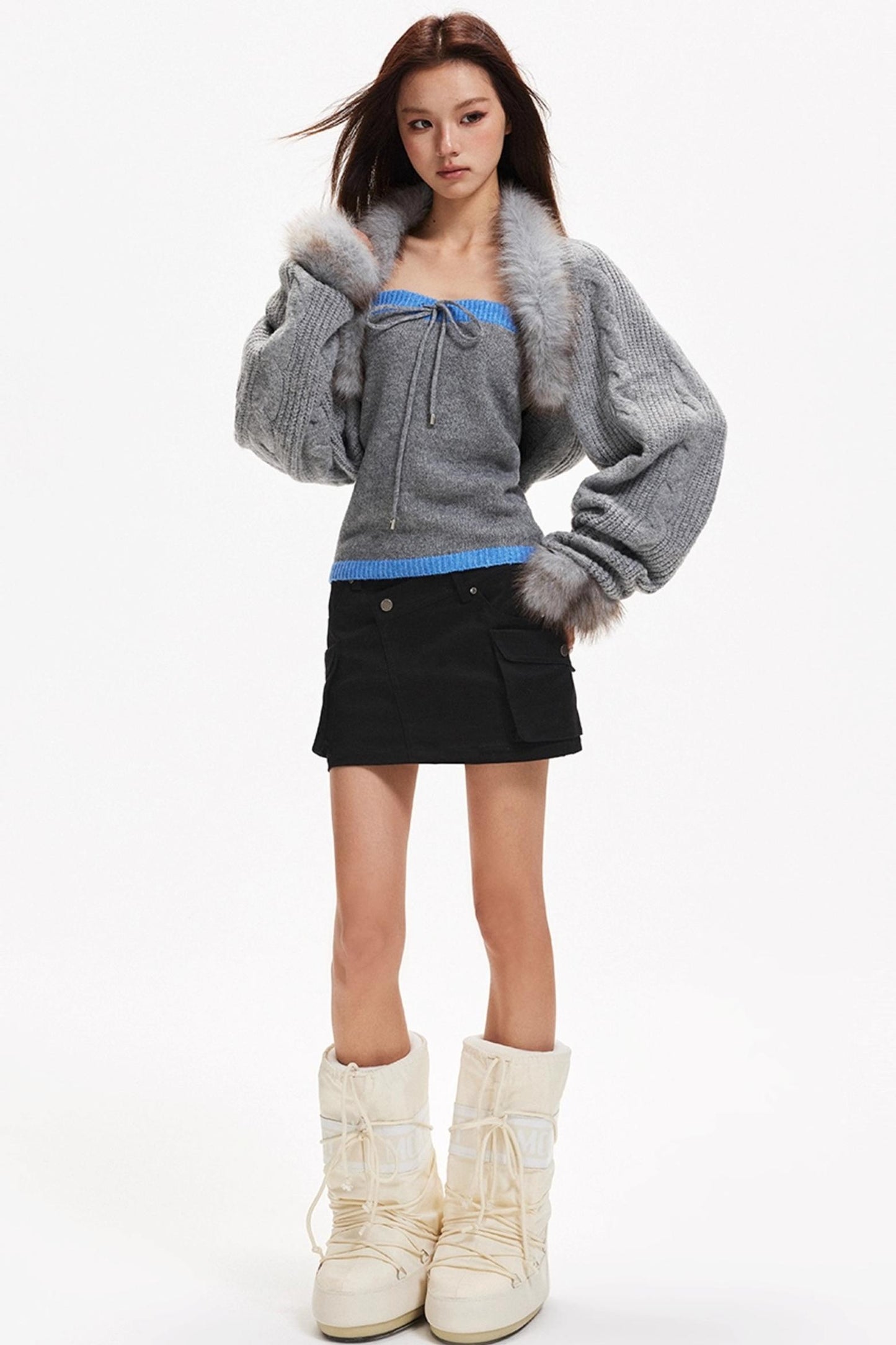 Contrasting Knit Cardigan Set