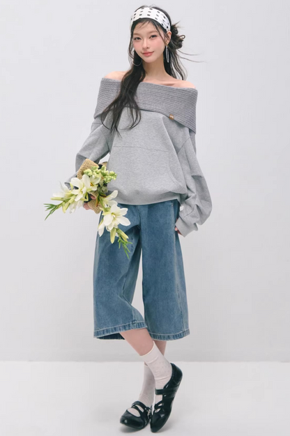 One-Line Collar Patchwork Sweater