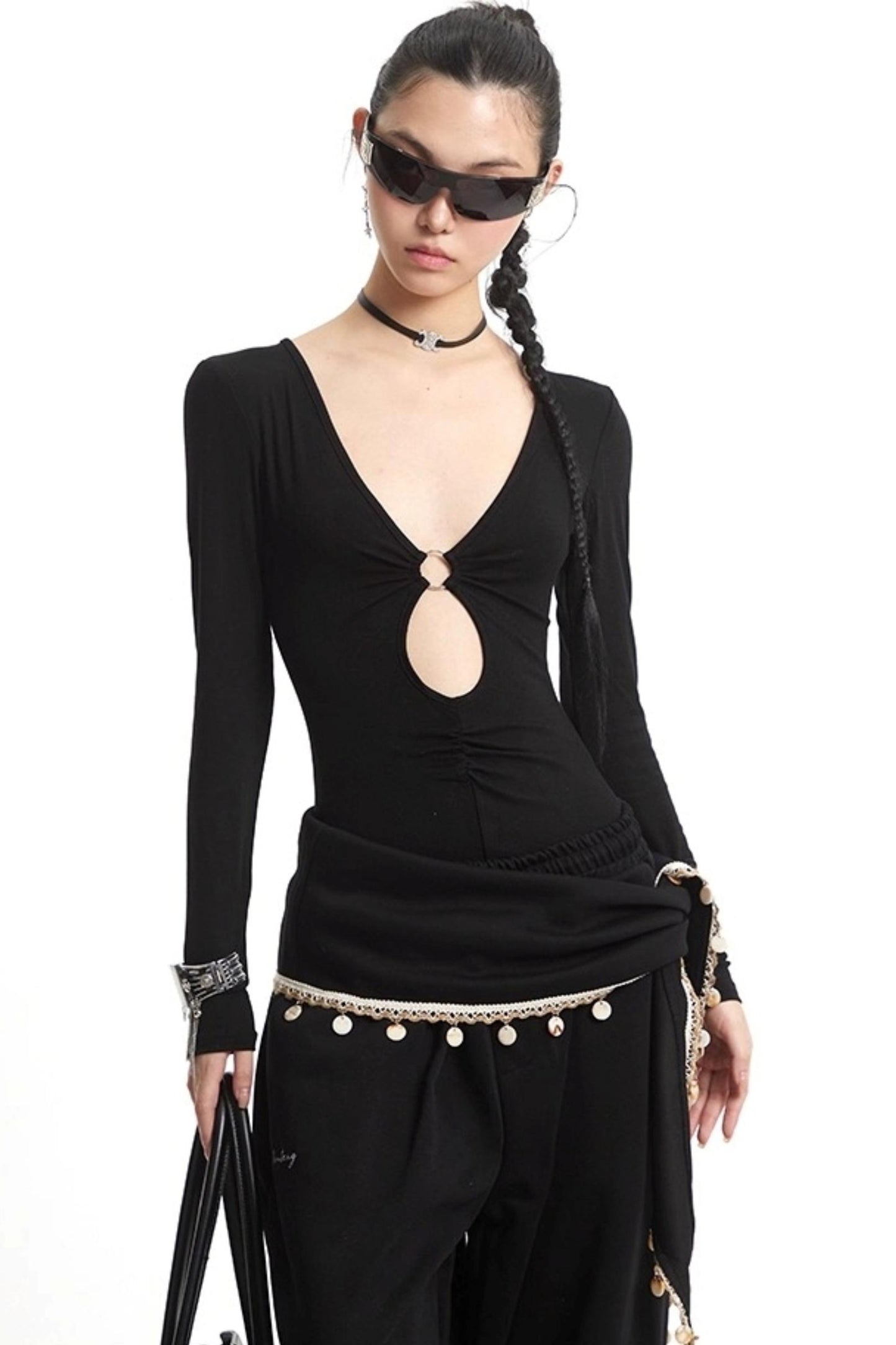 Dark Cutout V-Neck Top