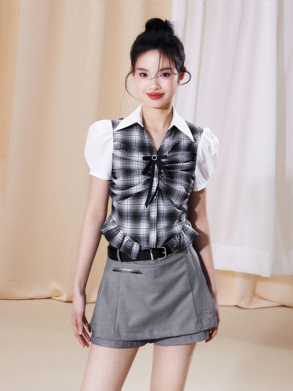 Bow shirt pleated skirt set