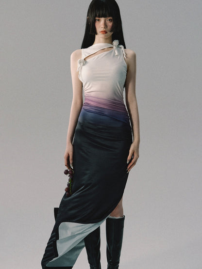 Waist drawn-in flat shoulder sleeveless gradient dress