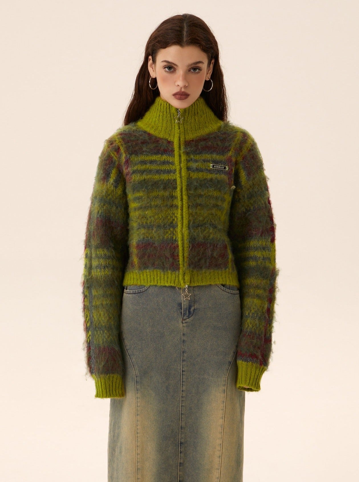 Cropped mohair knit cardigan zipper sweater coat