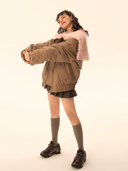 Imitation rabbit fur hooded no-wash pu skin down jacket