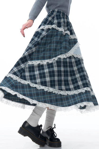 Niche Design Plaid Lace Patchwork Skirt