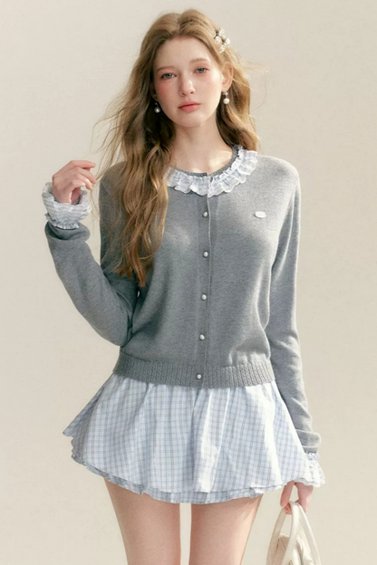 Contrasting Plaid Knitted Cardigan