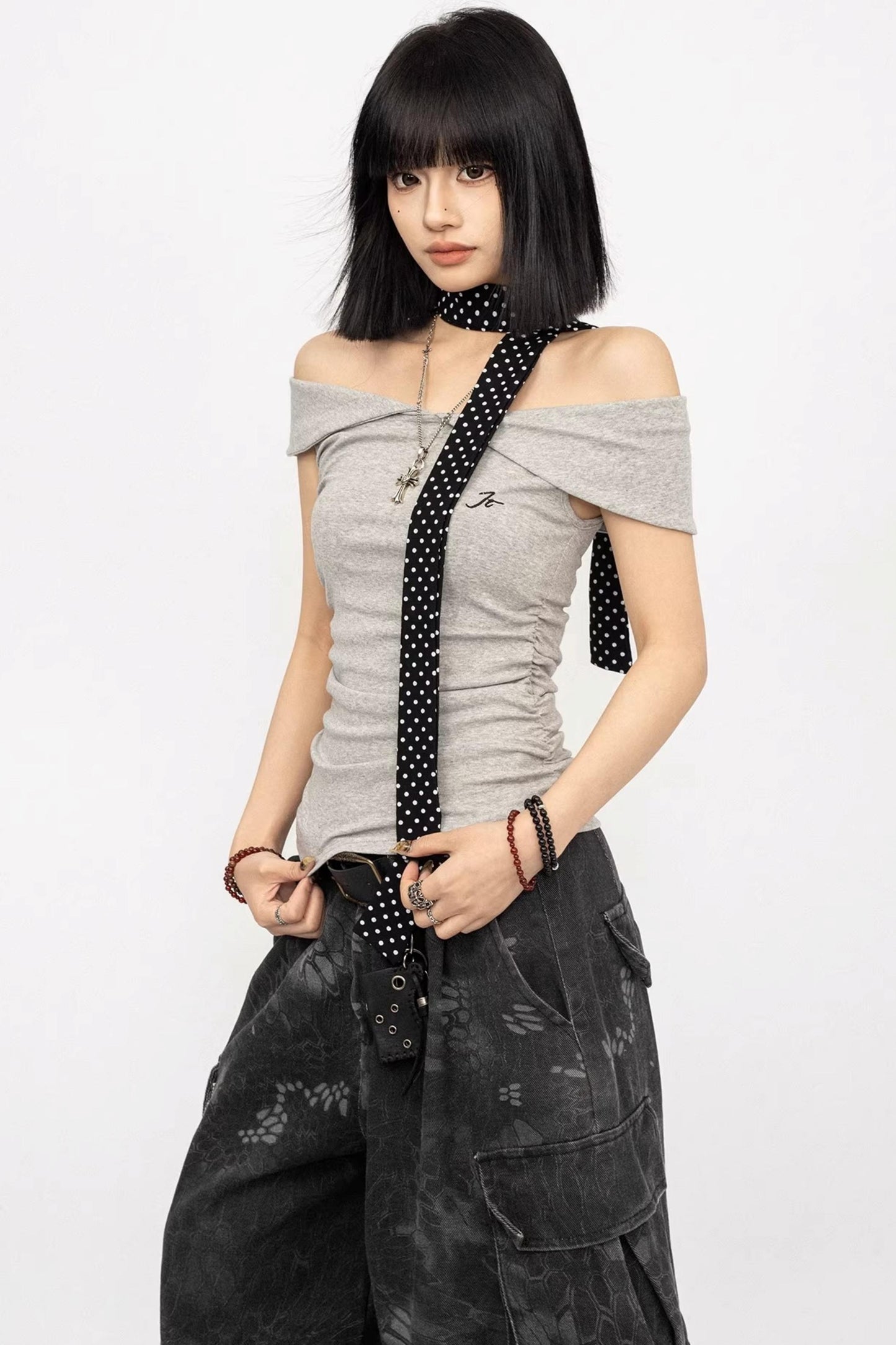 Retro Gray Off-Shoulder Top