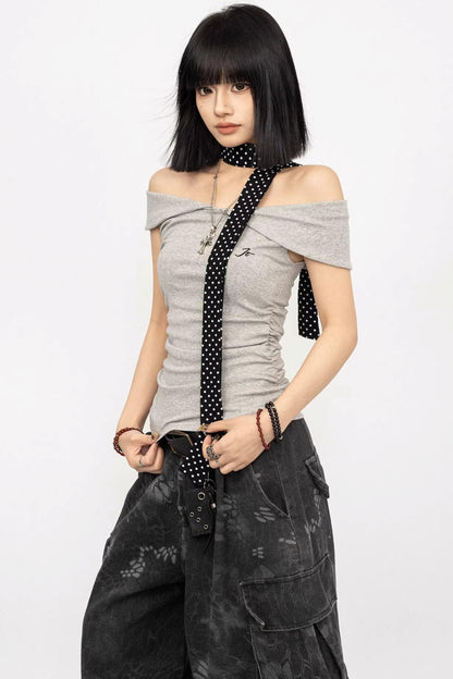 Retro Gray Off-Shoulder Top