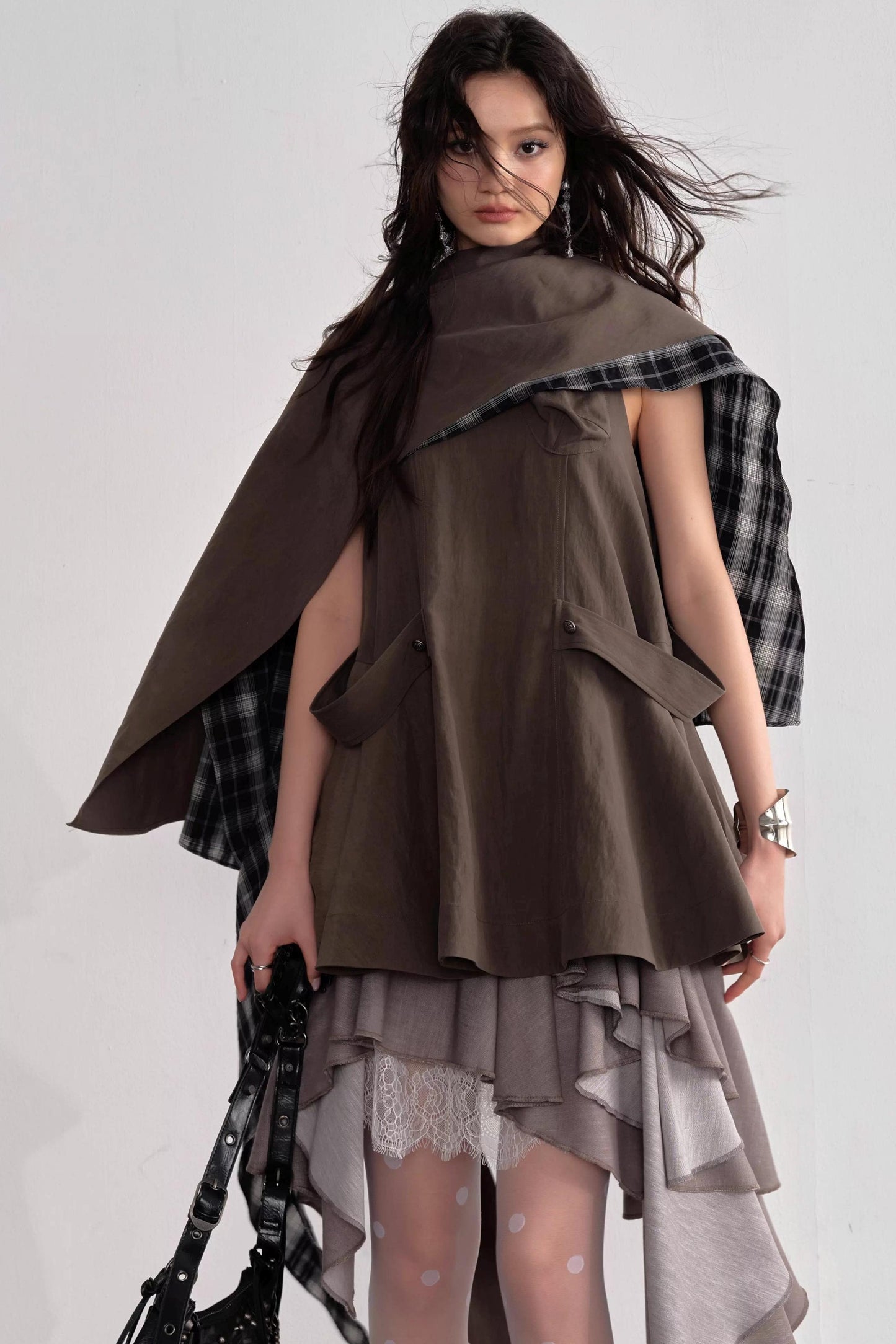 Earth-Toned Detachable Cape Dress