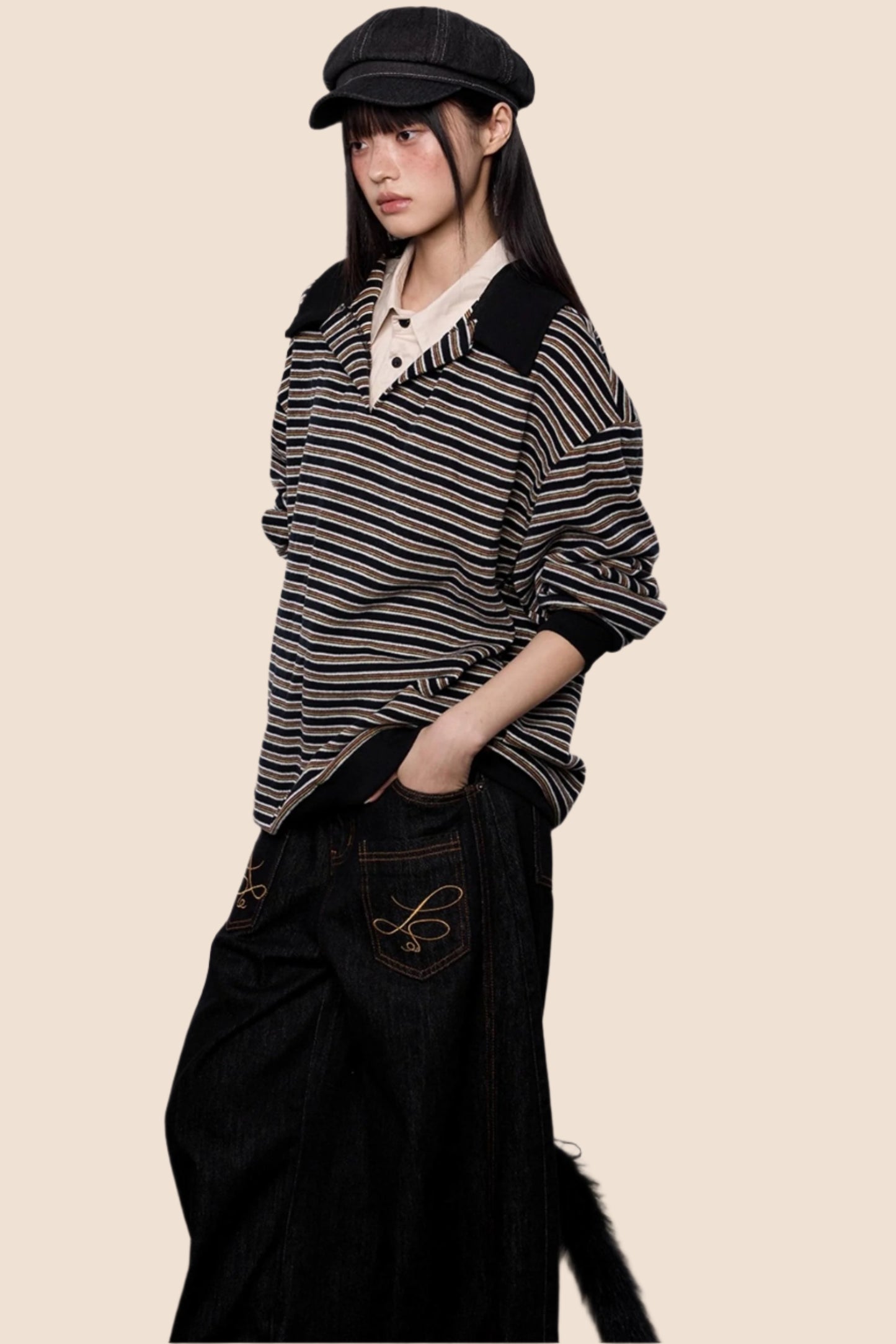 Striped Roll-neck Polo Shirt Top