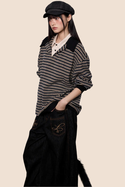 Striped Roll-neck Polo Shirt Top