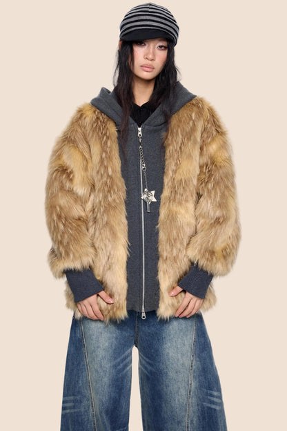 Fur Patchwork Hooded Cardigan