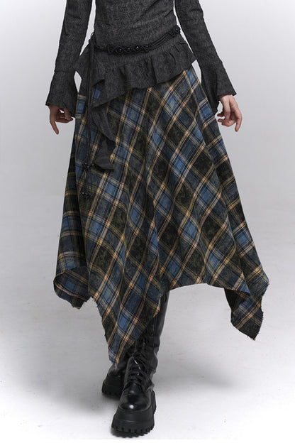 Beautiful Blue Plaid A-Line Skirt & Belt Set