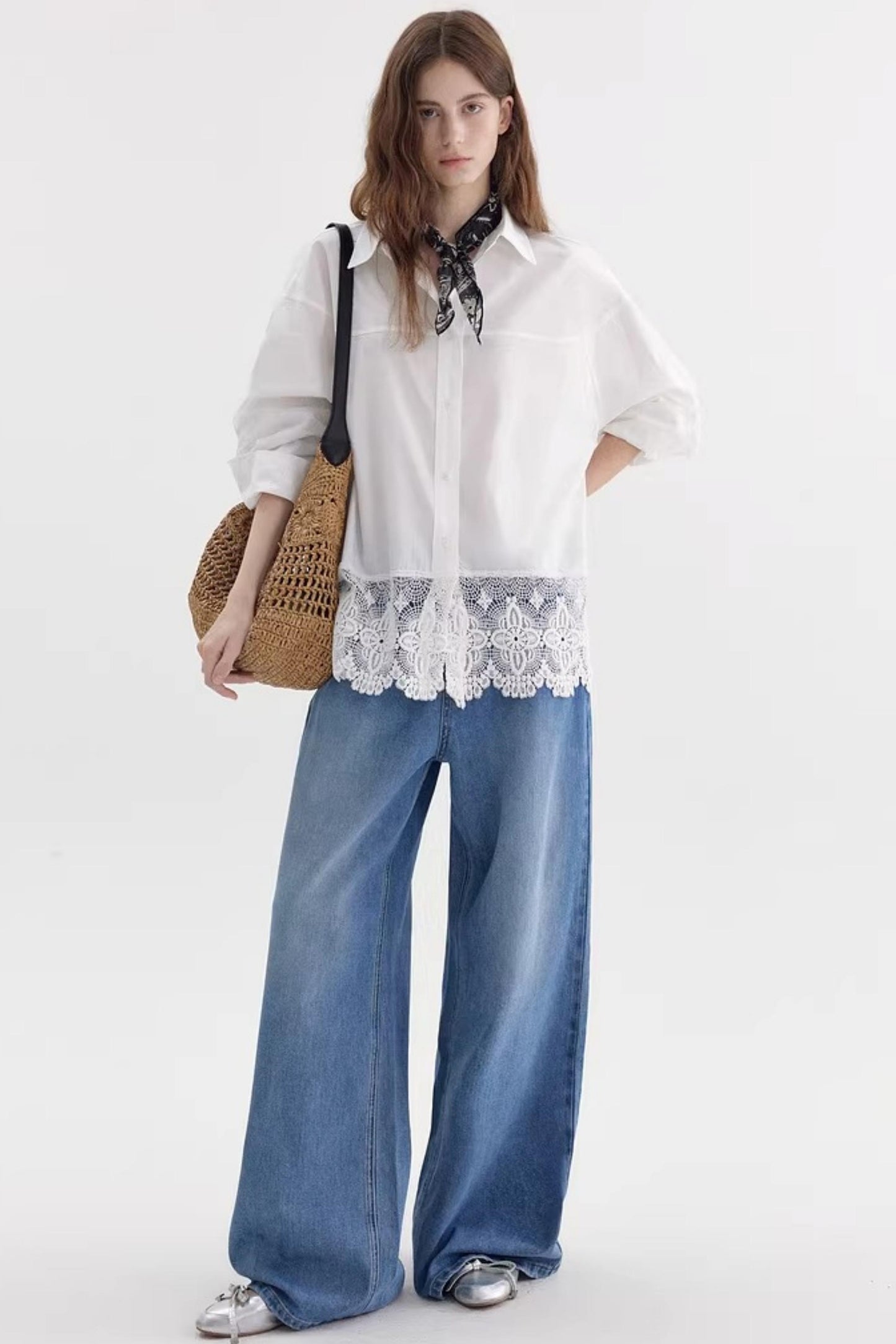 Hollow Lace Drop Shoulder Shirt