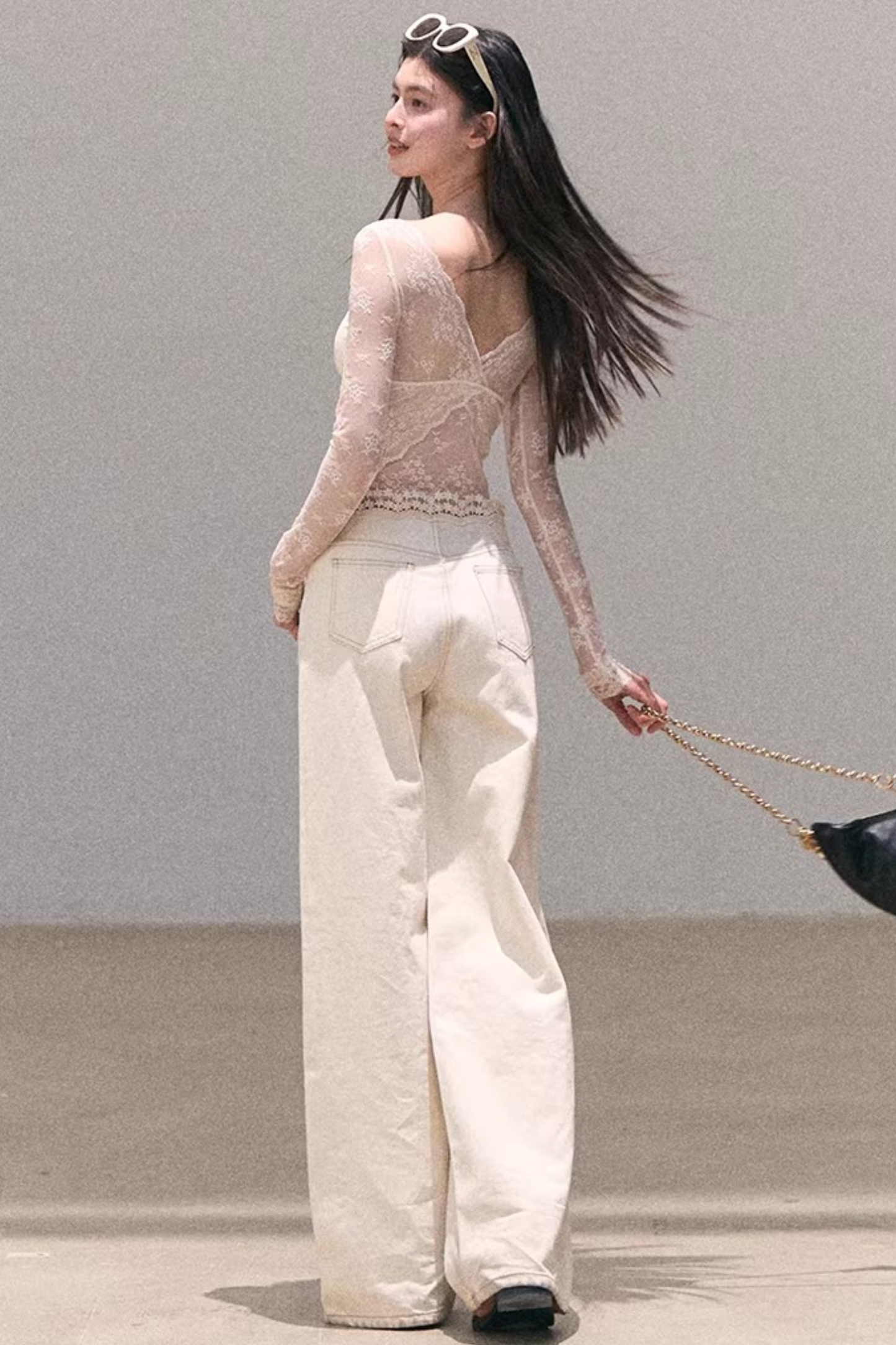 Washed Wide-Leg Lace Pants