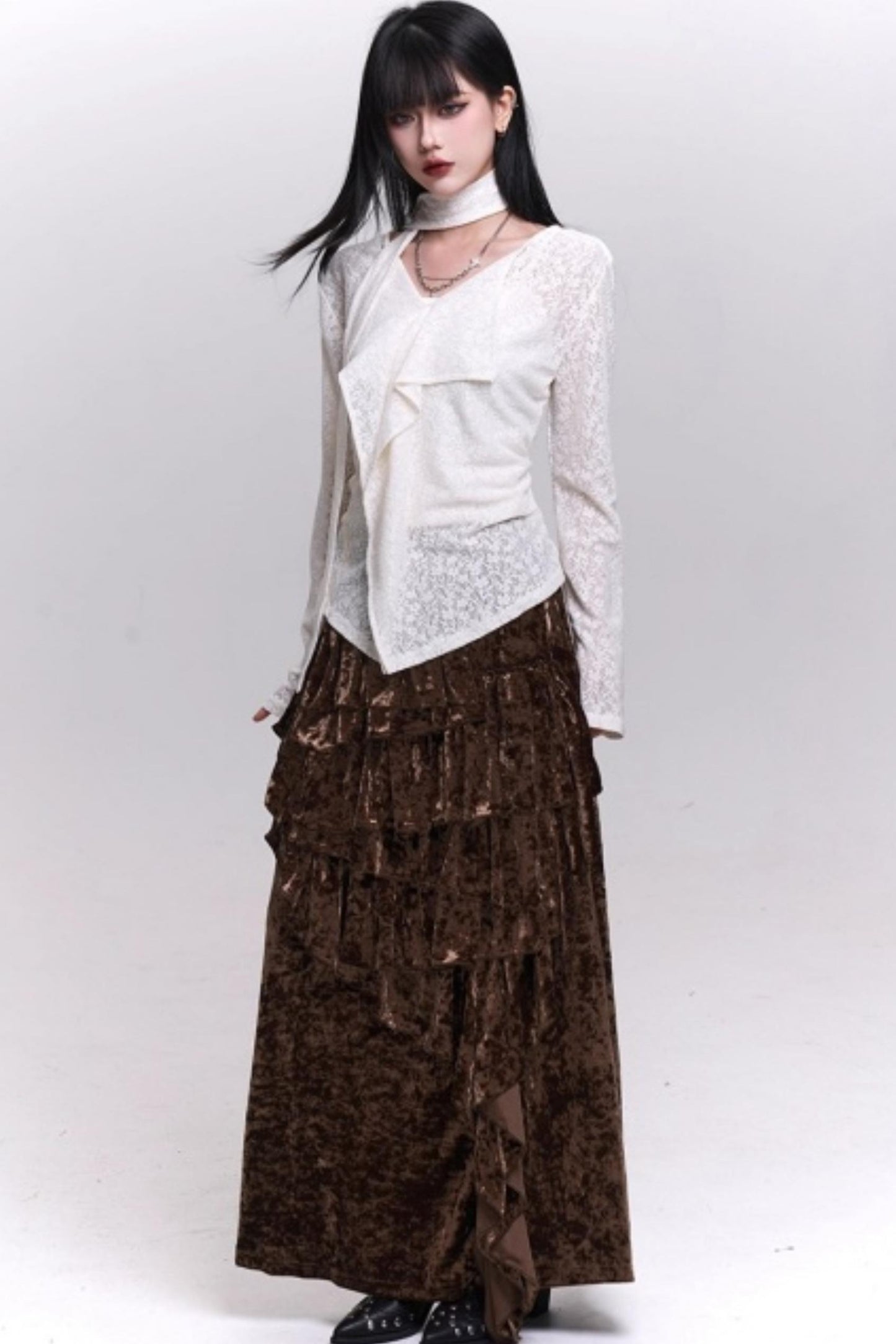 Velvet Irregular Hem Long Skirt