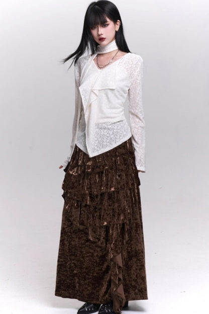 Velvet Irregular Hem Long Skirt