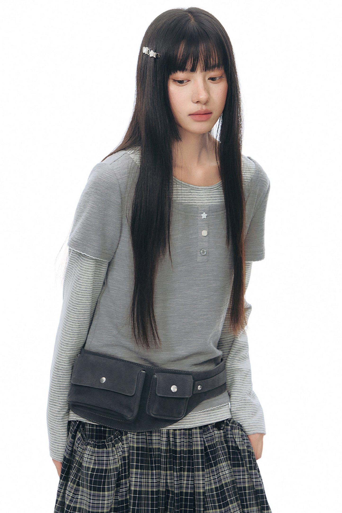 Henley Collar Fake Two-Piece Top