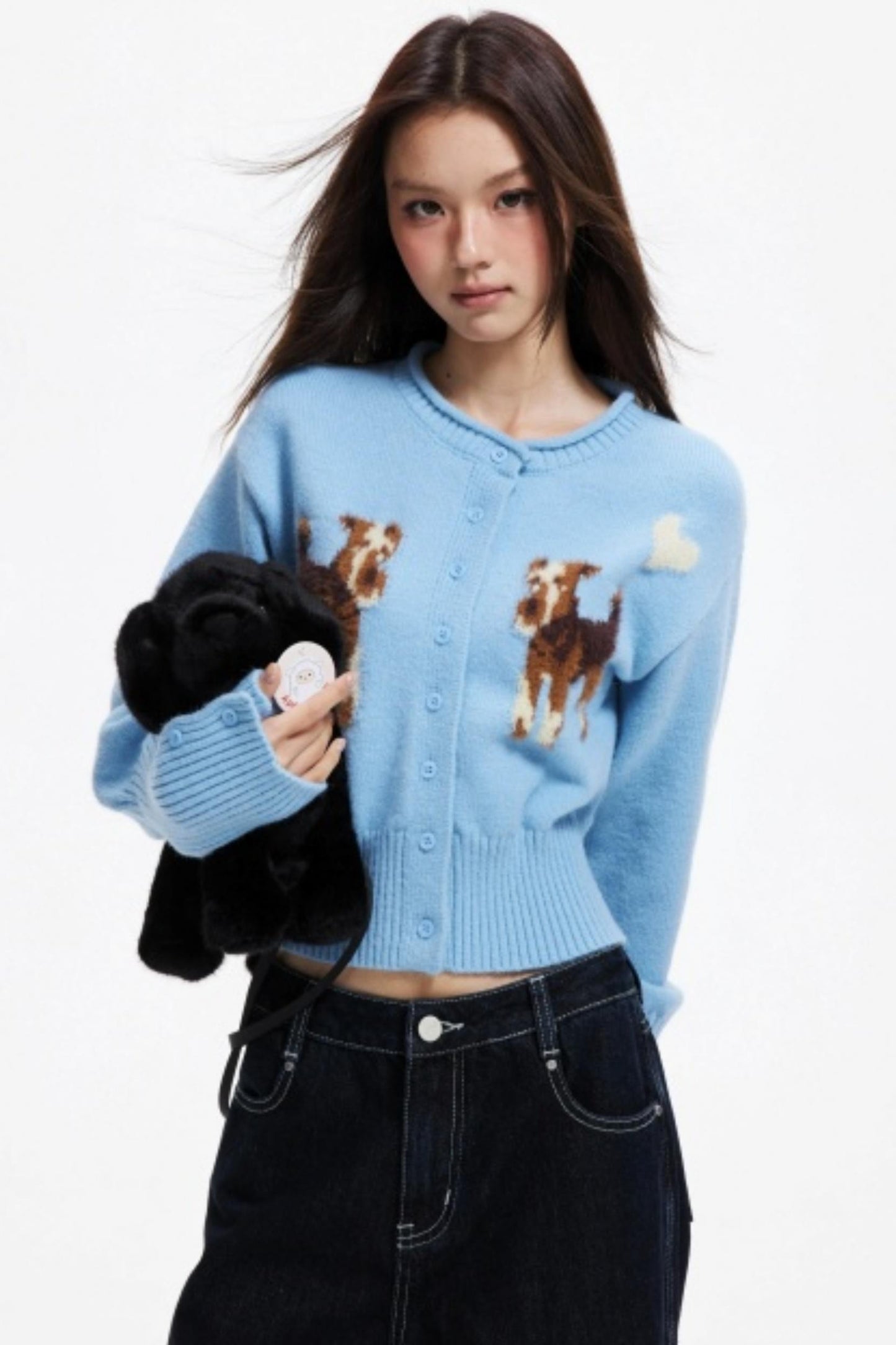 Puppy Jacquard Cropped Cardigan