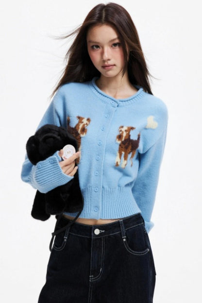 Puppy Jacquard Cropped Cardigan